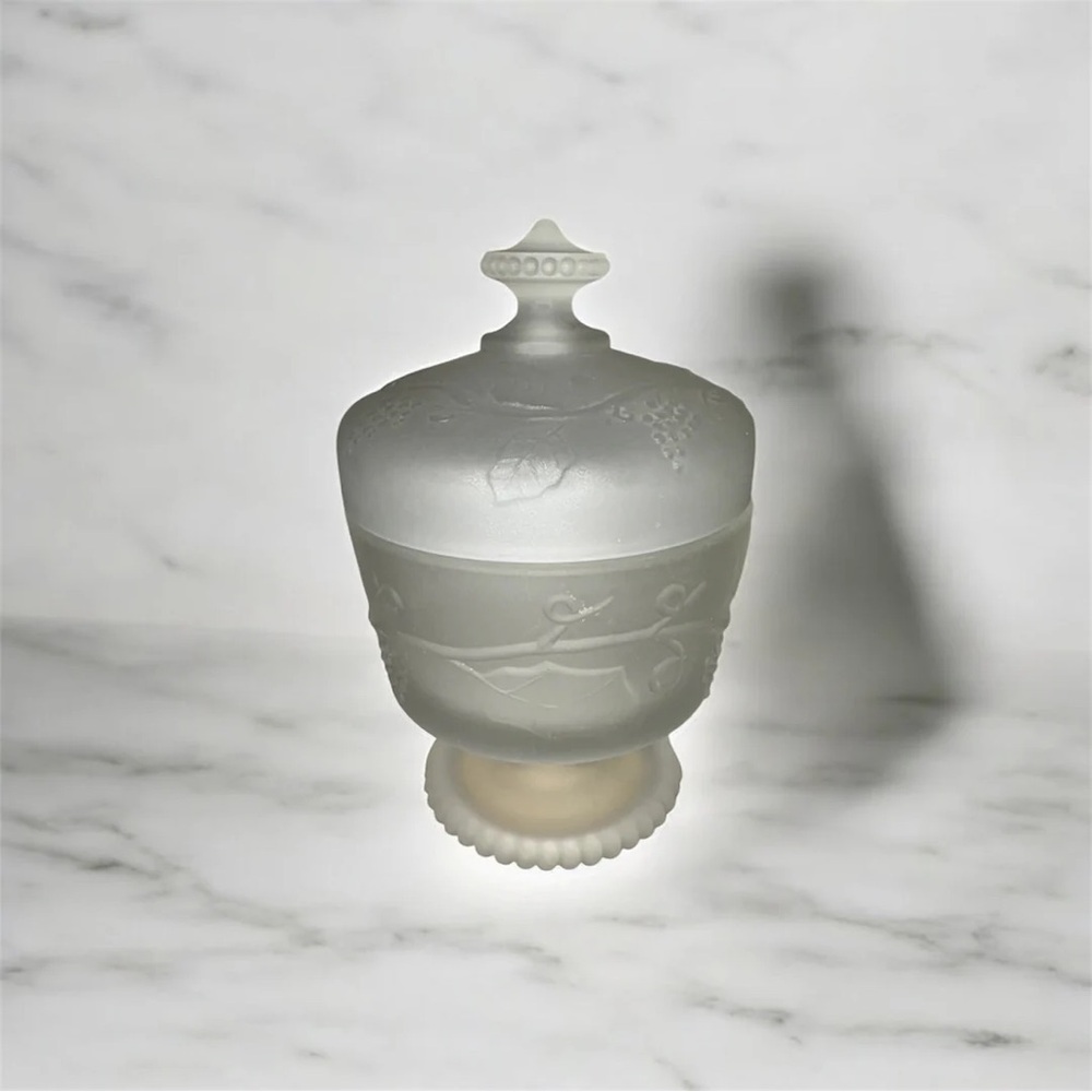 Vintage Satin Glass Frosted Footed Grape Cluster Powder Cream Vanity Jar